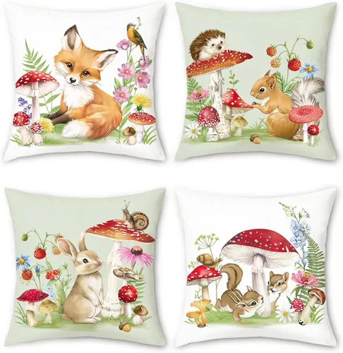 Miniatura 9 de Bonhause Juego de 4 fundas de almohada de animales del bosque, 18 x 18 pulgadas, diseño de oso zorro, ardilla, búho, para niños, para sofá, aula