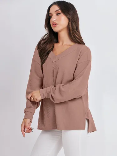 Miniatura 8 de ANRABESS Camisas de manga larga de gran tamaño para mujer, sudadera con hombros descubiertos, holgada, cuello en V, suéter alto y bajo 2025