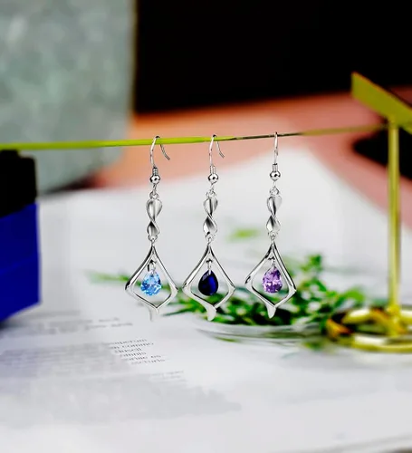 Miniatura 2 de Pendientes colgantes de plata de ley 925 con placa de oro de piedras preciosas para mujer Latón Metal Base Latón cristal