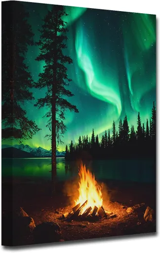LZIMU Aurora Borealis - Arte de pared, decoración de baño, bosque y montaña, lienzo con marco (Aurora-1, 12.00 x 18.00 pulgadas)