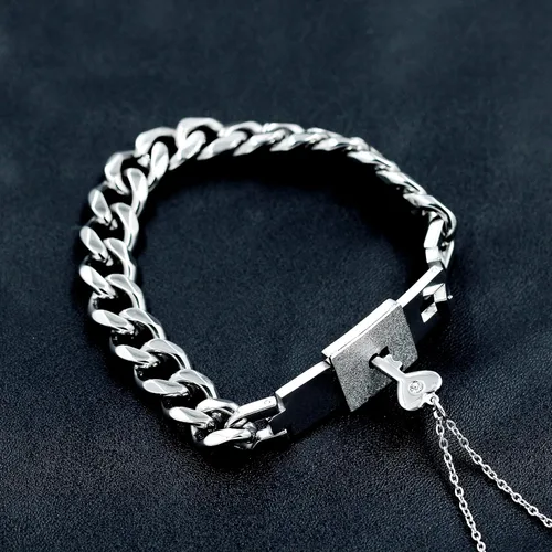 Miniatura 5 de Uloveido Juego de collar con colgante de llave de acero de titanio y pulsera cuadrada para parejas, regalos de valetines, Metal, circonita cúbica