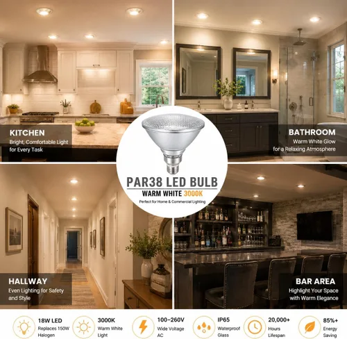 Miniatura 8 de Reflector de vidrio PAR38 bombillas LED, luz blanca cálida, 18 W, luz de inundación para interiores y exteriores, impermeable, paquete de 4