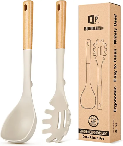 Juego de cucharón de sopa de silicona y cuchara de espagueti con mango de madera, utensilios de cocina antiadherentes resistentes al calor para Caqui