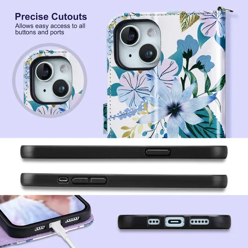 Miniatura 8 de ULAK Funda Cartera compatible con iPhone 15 Plus con tarjetero, Funda con Tapa de Flores para mujeres y niñas, de cuero PU, con soporte, correa