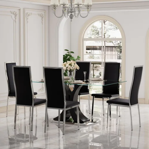 Miniatura 15 de Moderno juego de mesa de comedor rectangular de vidrio para 4, 63 pulgadas, mesa transparente de cocina de lujo con base negra y dorada, 4 sillas