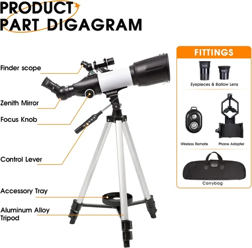 Miniatura 3 de Telescopio de 2.756 in de apertura 15.748 in refractor astronómico telescopio portátil para niños adultos principiantes con trípode adaptador