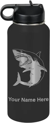 Miniatura 75 de LaserGram Botella de agua personalizada, gran tiburón blanco, acero inoxidable de doble pared aislada al vacío con popote superior, regalo grabado