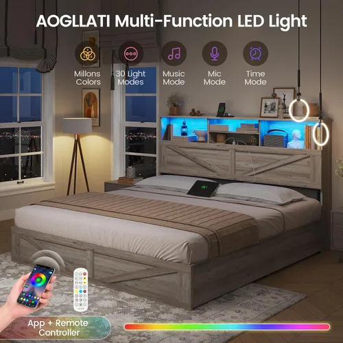 Miniatura 3 de AOGLLATI - Base de cama de tamaño matrimonial estilo granja con 4 cajones de almacenamiento y estación de carga, base de cama completa de madera