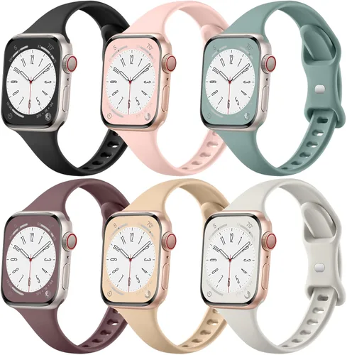 Lerobo 6 Pack Thin Slim Bands Compatible with Apple Watch 38mm 40mm 41mm 42mm 44mm 45mm 46mm 49mm for Women Men, Soft Silicone Sport Strap Wristband