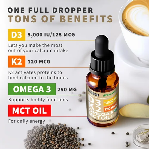 Miniatura 3 de Paquete de 2 gotas orgánicas de vitamina D3 K2 con aceite MCT y Omega 3 - Vitamina líquida D3 5000 UI - Suplemento de vitamina K2 D3 - Gotas