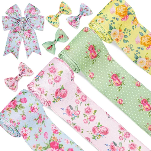 Whaline Cintas de tela de flores vintage con borde con alambre, 4 rollos de cinta decorativa de verano para el día de la madre, lazo de costura,