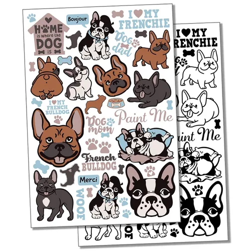 Bulldog francés raza de perro francés tatuaje temporal resistente al agua, colección de arte corporal falso, color negro (una hoja)