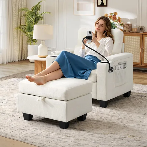 Chaise Lounge Chair para interiores con puerto USB y soporte para teléfono, sillón reclinable pequeño de felpilla con otomana de almacenamiento,