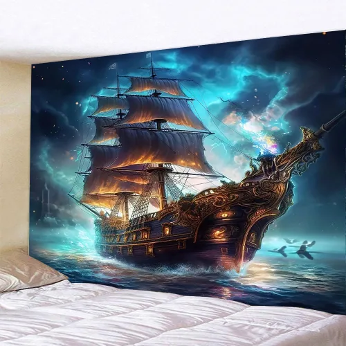 Miniatura 2 de FENDROM Tapiz náutico Decoración Fantasma Velero Arte de Pared Fantasía Paisaje Océano Náutico barco pirata Onda Vela Luna Tapices Colgantes