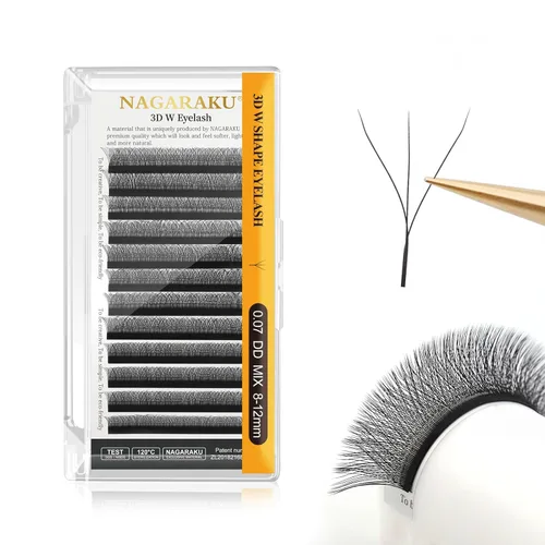 Miniatura 36 de NAGARAKU Extensiones de pestañas Double Tips 4D W, suministros con puntas dobles, gruesas con rizado D de 0.07 mm, bandeja mixta 8-15 mm, 0.07-D