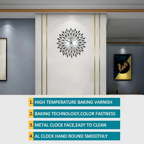 Miniatura 6 de Reloj de pared de 19.7 pulgadas, negro, para decoración de sala de estar, esfera de pétalos de metal silenciosa sin tictac, grandes relojes de pared