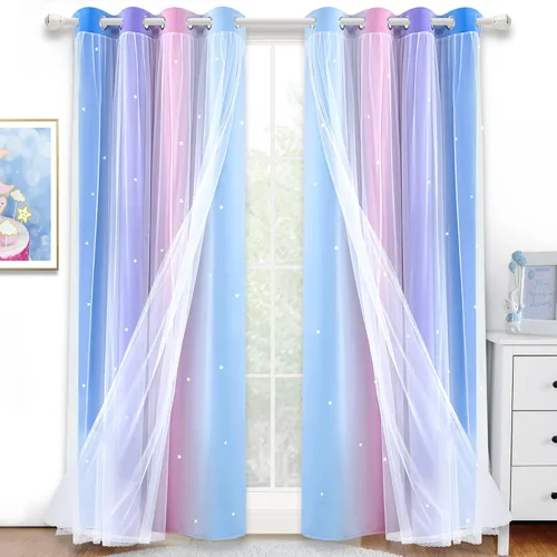 Miniatura 16 de Cortinas opacas con recorte de estrellas y arcoíris para guardería/habitación de niños/niñas, con superposición de tul, 2 paneles, cada una de 52