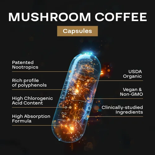 Miniatura 4 de Cápsulas de café de hongos 100% orgánicos, suplemento energético natural con 130 mg de cafeína de extracto de café verde y guayusa patentados