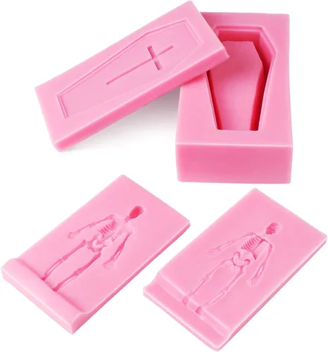 Miniatura 2 de Funshowcase Molde de silicona 3D de esqueleto de Halloween con sarcófago a juego para decoración de pasteles de fondant, arcilla polimérica