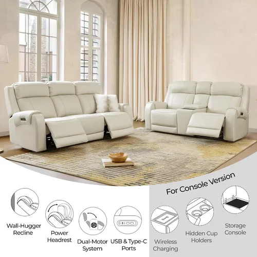 Miniatura 3 de CHITA Sofá reclinable eléctrico de piel auténtica, sofá reclinable con reposacabezas eléctrico, doble motor, puertos de carga USB, sofá reclinable