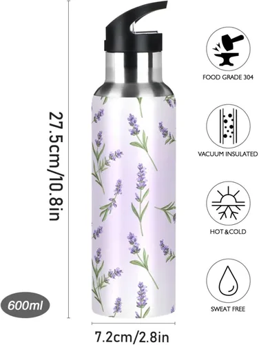 Miniatura 9 de Lavender Flowers Green Leaves Insulated Stainless Steel Water Bottle with Straw 20 Oz, BPA-Free Sports Water Bottle Leakproof Water Bottles