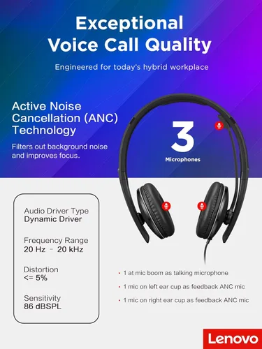 Miniatura 8 de Auriculares con cable Lenovo con cancelación activa de ruido (ANC), conectividad USB-C y USB-A, Certificado para Zoom, Cancelación activa de ruido