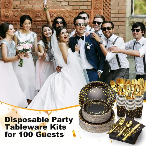 Miniatura 5 de 700 piezas de suministros de fiesta negros y dorados, juegos de vajilla desechables para 100 invitados, platos de papel negro y dorado, servilletas