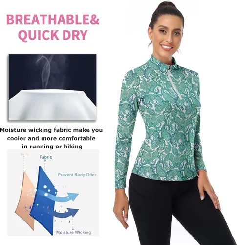 Miniatura 158 de WOWENY Camiseta deportiva de manga larga para mujer, con cremallera de un cuarto, cuello para entrenamiento, camiseta de tenis con estampado