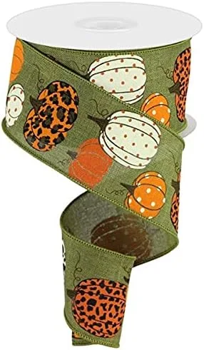 Miniatura 2 de Cinta con borde con alambre de calabazas sobre lienzo con estampado de leopardo, 10 yardas (crema, turquesa, 2.5 pulgadas)