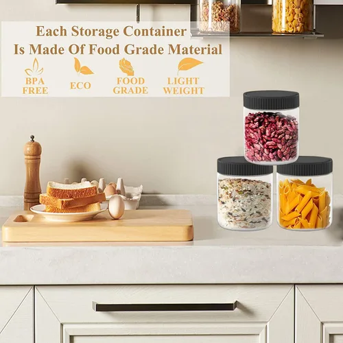Miniatura 5 de Tarros de plástico transparente de 8 onzas con tapas negras, recipientes de almacenamiento de cocina recargables para alimentos secos, café, nueces