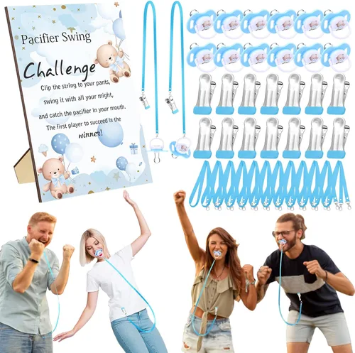 Geelin Juego de 12 juegos de chupete con columpio para baby shower, juegos divertidos de revelación de género, incluye 1 letrero de madera y 12