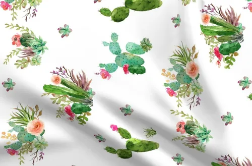 Spoonflower Tela - Flores occidentales grandes horizontales cactus floral cactus rosa acuarela impresa en tela de gasa cuarto gordo - Costura de
