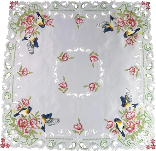 Marina Decor - Mantel de comedor bordado vintage elegante para cocina, diseño de pájaro azul y flor roja rosa con base blanca, cuadrado de 36