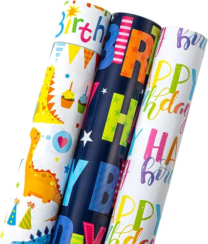 Miniatura 17 de MAYPLUSS rollo de papel de regalo para cumpleaños - mini rollo - 17 pulgadas x 120 pulgadas por rollo - tiras de globo rojo, letras de feliz Feliz