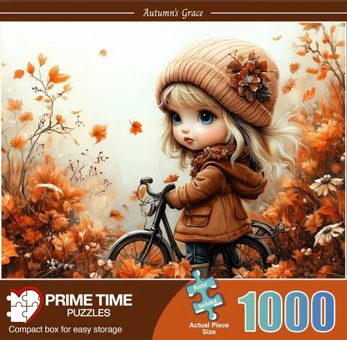 Miniatura 2 de Rompecabezas de 1000 piezas para adultos, linda chica con bicicleta en coloridas hojas y flores de otoño, rompecabezas desafiante perfecto