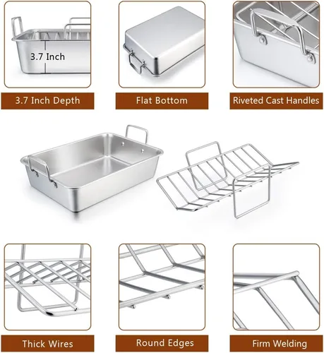Miniatura 3 de P&P CHEF Bandeja Asadora de 14 pulgadas con rejilla para hornear y rejilla en forma de V, bandeja rectangular de acero inoxidable para lasaña