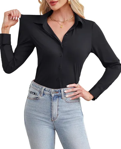 siliteelon Camisa de manga larga con botones para mujer, estilo casual, para el trabajo, con elástico en 4 direcciones, sin arrugas