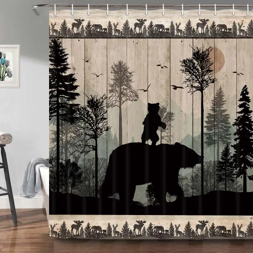 Torich Juego de cortinas de ducha de oso rústico, diseño de bosque y bosque, caza, animales, cabaña, tablero de madera, decoración de baño,