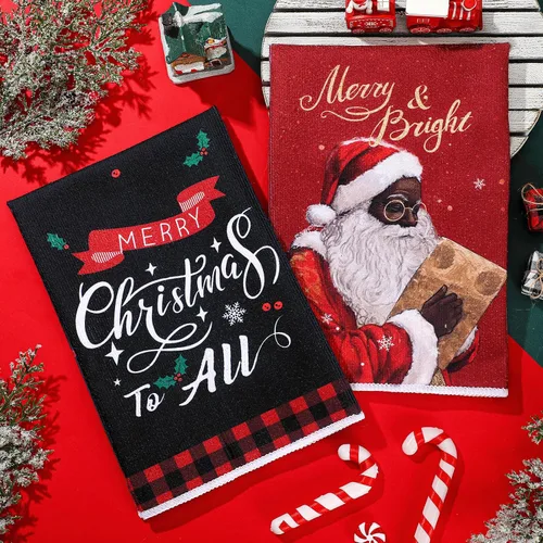 Miniatura 7 de Hosuly 6 Piezas Toallas de Cocina Navideñas Afroamericanas Paños de Platos de Santa Negro Toallas de Mano Navideñas Negras y Rojas Santa Ángel Acebo