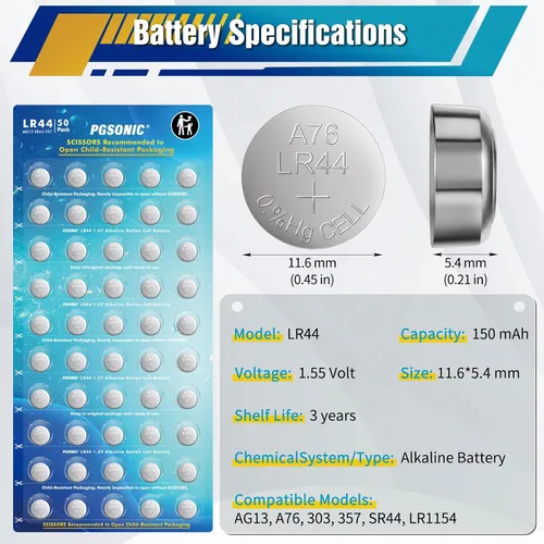 Miniatura 4 de PGSONIC Paquete de 50 baterías LR44, pilas de botón alcalinas de 1.5 voltios con potencia de larga duración