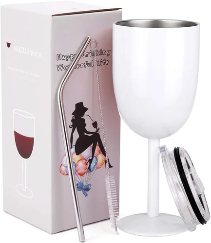 AMZUShome Copas de vino de acero inoxidable. Vaso de vino de doble pared aislado al vacío con tapa y pajita. Amistad, Navidad, regalos de cumpleaños