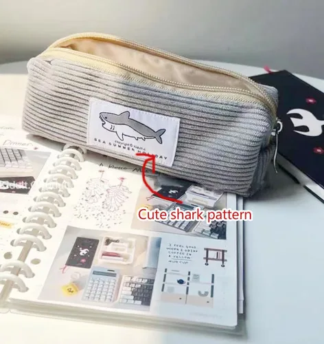 Miniatura 3 de Estuche pequeño para lápices con gran capacidad, estuche con diseño de tiburón, bolsa con cremallera gris para oficina, organizador de papelería