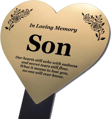 OriginDesigned Son Heart Memorial Remembrance - Placa acrílica metálica plateada/dorada, impermeable, para exteriores, marcador de tumba, homenaje,