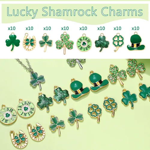 Miniatura 2 de 40/80 dijes de trébol del día de San Patricio para hacer joyas, diamantes de imitación esmaltados con sombrero verde y hojas colgantes