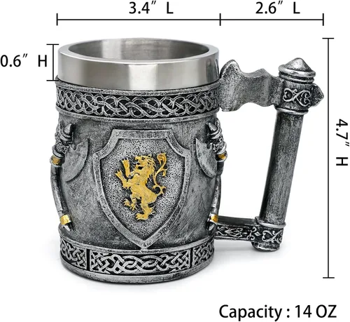 Miniatura 5 de Taza medieval con hachas vikingas, regalos para hombres, escudos de león de oro inglés, jarras de cerveza, jarra de café inoxidable, arte