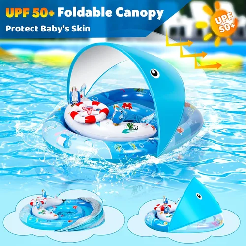 Miniatura 4 de Flotador de piscina para bebé con toldo, flotador de natación para bebé con toldo de protección solar UPF50+ y consola de juegos de juguete