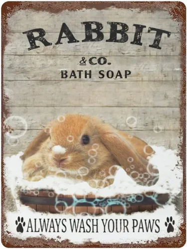 Placa colgante de hierro vintage para conejo, jabón de baño de metal, letrero de lata para lavar tus patas, letrero de lata retro, decoración de