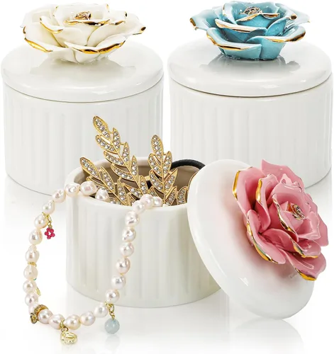 ZOOFOX Paquete de 3 cajas de joyería de cerámica, organizador de joyas vintage decorativo para mujeres, caja de regalo pequeña para anillos, aretes,