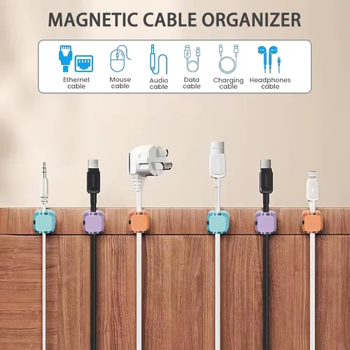 Miniatura 5 de Paquete de 6 organizadores magnéticos de cables y clips para cables, gestión de cables ajustables debajo del escritorio, soporte de alambre adhesivo