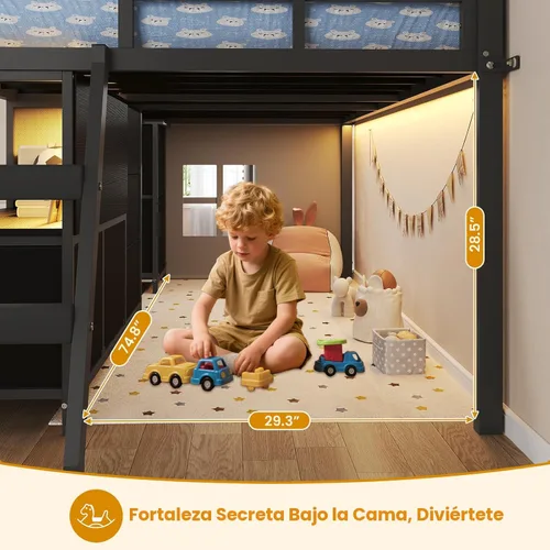Miniatura 7 de ADORNEVE Cama baja tipo loft tamaño individual con 7 cajones de almacenamiento, estantería y luces LED, cama alta de metal para niños con barandilla